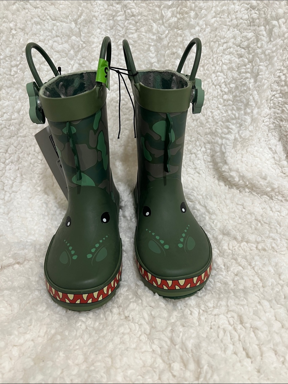 Kids Green Dinosaur Rain & Snow Boots with Easy Pull Handles